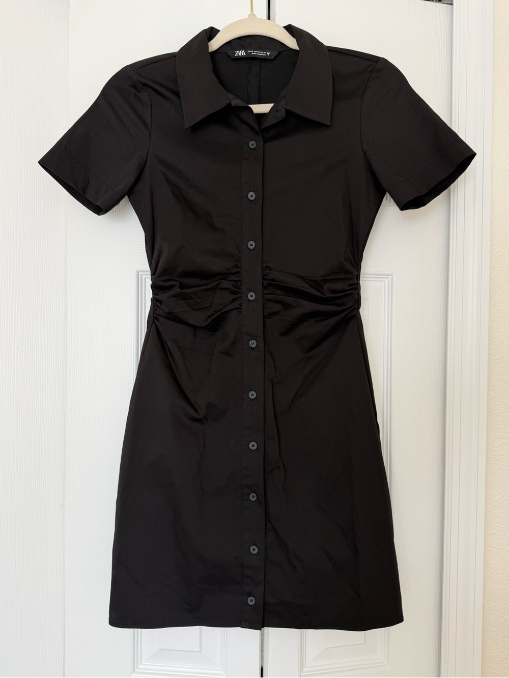 Zara Black Ruched Button Front Mini Shirt Dress XS